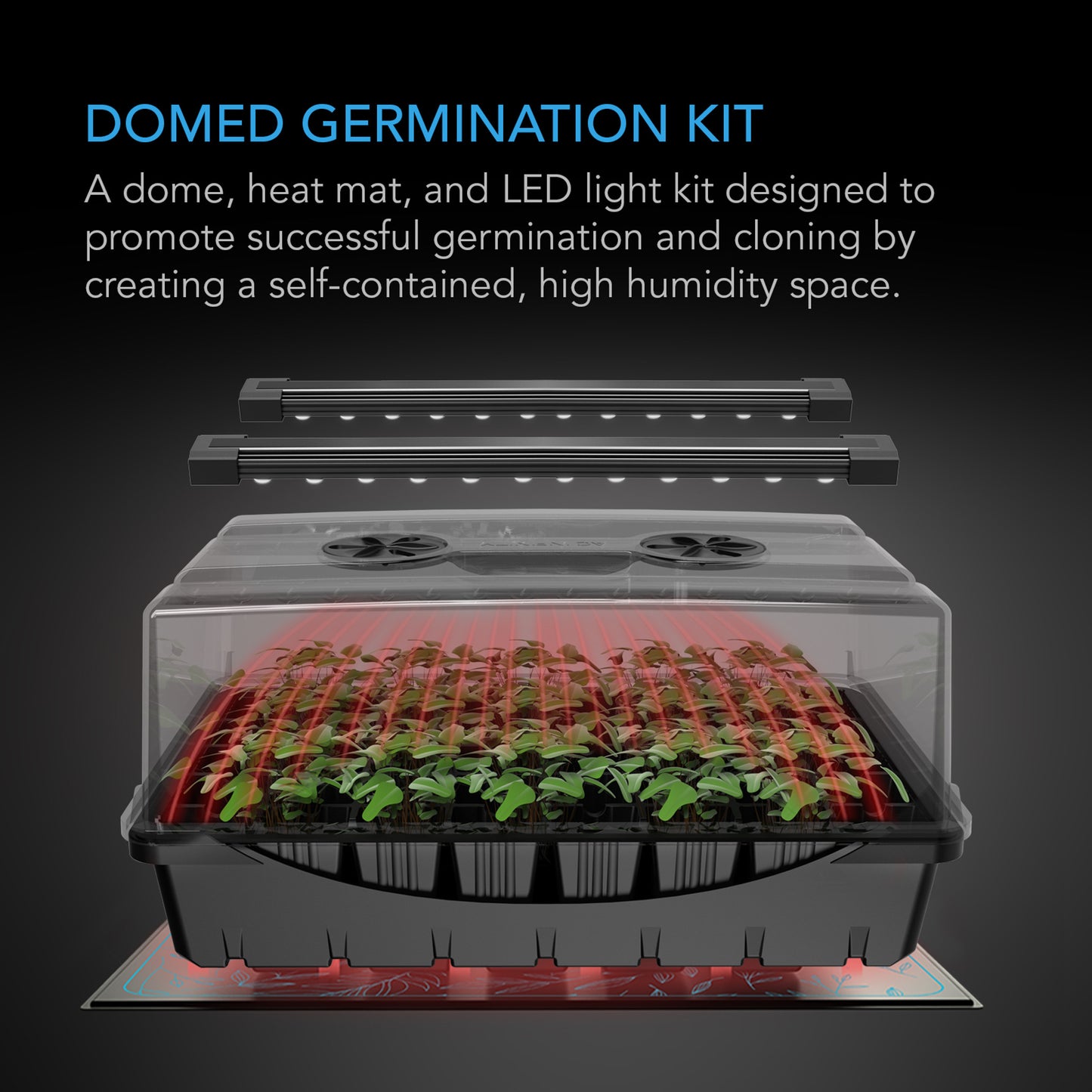 HUMIDITY DOME, GERMINATION KIT WITH SEEDLING MAT AND LED GROW LIGHT BARS, 5X8 CELL TRAY