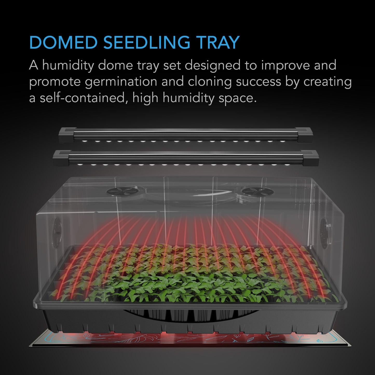 HUMIDITY DOME, GERMINATION KIT WITH SEEDLING MAT AND LED GROW LIGHT BARS, 6X12 CELL TRAY XL