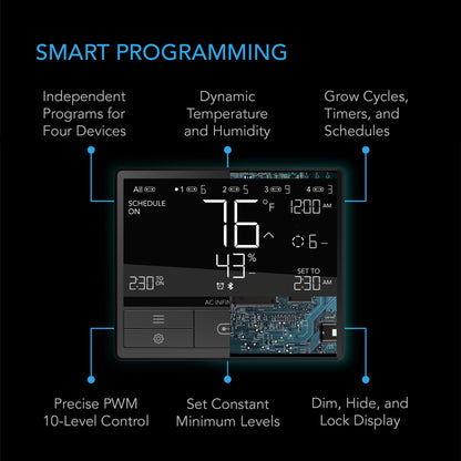 CONTROLLER 69, INDEPENDENT PROGRAMS FOR FOUR DEVICES, DYNAMIC TEMPERATURE, HUMIDITY, SCHEDULING, CYCLES, LEVELS CONTROL, DATA APP, BLUETOOTH