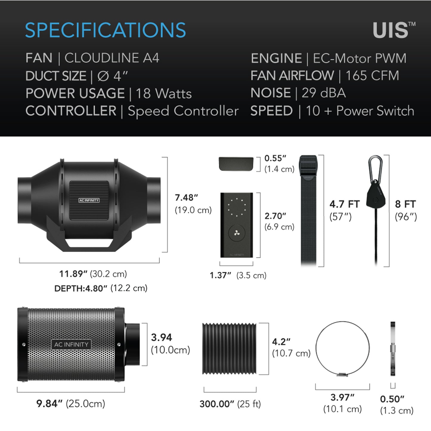 CLOUDLINE S4, QUIET INLINE DUCT FAN SYSTEM WITH SPEED CONTROLLER, 4-INCH