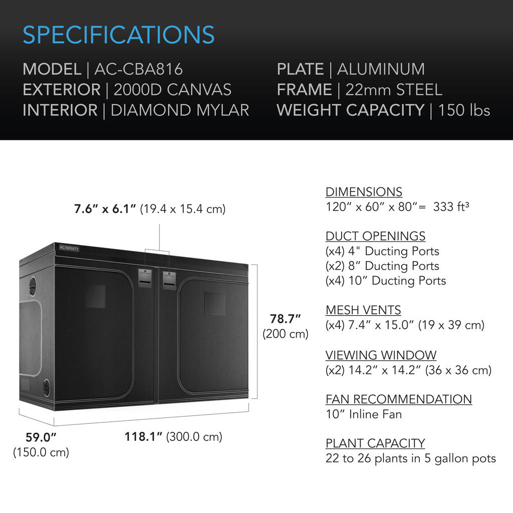 CLOUDLAB 816, ADVANCE GROW TENT 10X5, 2000D DIAMOND MYLAR CANVAS, 120" X 60" X 80"