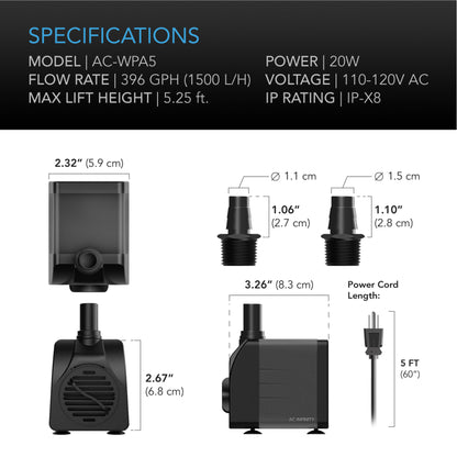 SUBMERSIBLE WATER PUMP, 5-FEET LIFT HEIGHT, 396 GPH (1500 L/H)