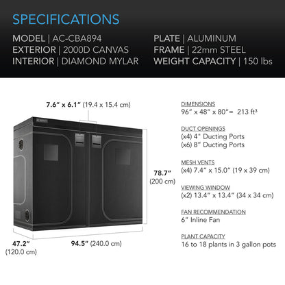 CLOUDLAB 899, ADVANCE GROW TENT 8X8, 2000D DIAMOND MYLAR CANVAS, 96" X 96" X 80"