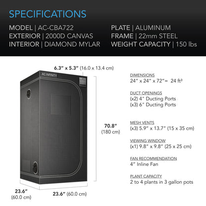 CLOUDLAB 722, ADVANCE GROW TENT 2X2, 2000D DIAMOND MYLAR CANVAS, 24" X 24" X 72"